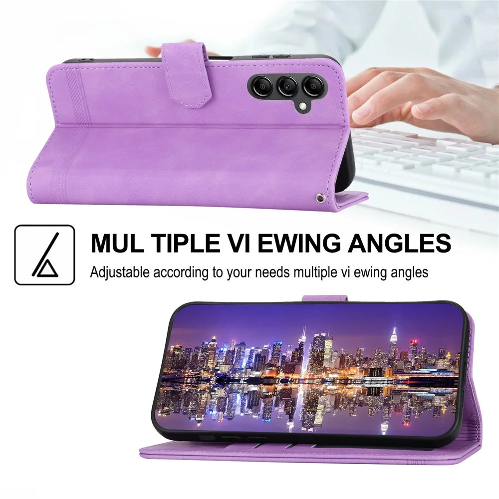 DIERFENG DF-03 Phone Case Stand Wallet for Samsung Galaxy A14 5G / A14 4G PU Leather Lines Imprinted Phone Cover - Purple - 4