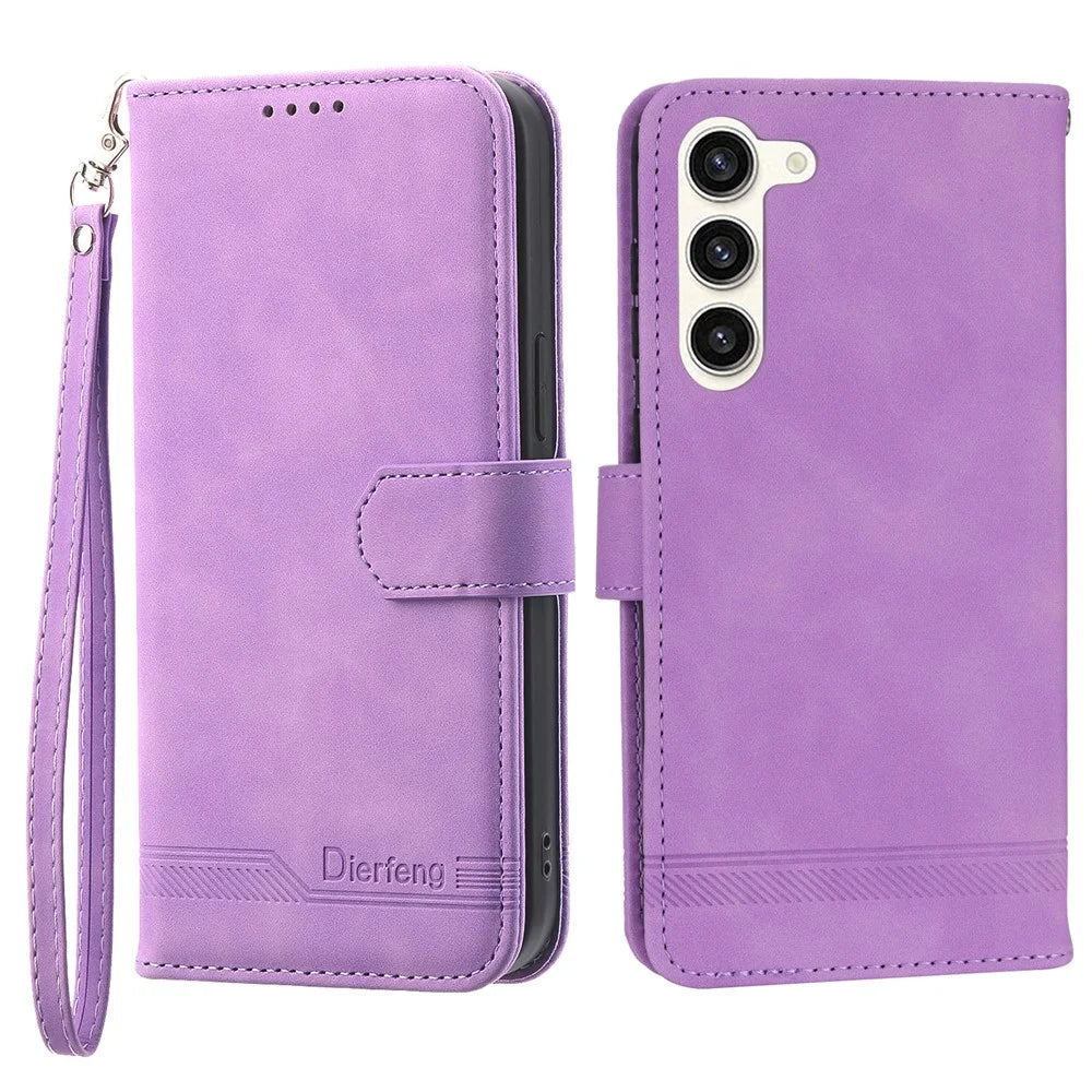 DIERFENG DF-03 Wallet Phone Cover for Samsung Galaxy S23+, Lines Imprinted PU Leather Stand Protective Case - Purple - 1