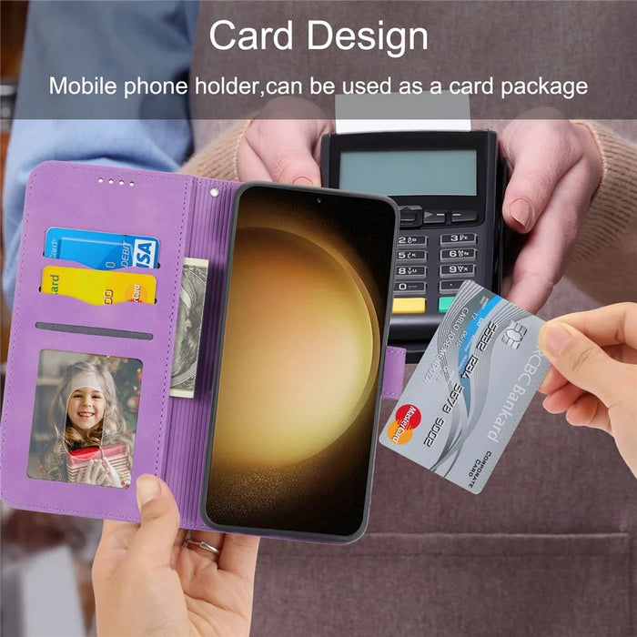 DIERFENG DF-03 Wallet Phone Cover for Samsung Galaxy S23+, Lines Imprinted PU Leather Stand Protective Case - Purple - 3