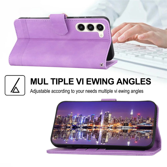 DIERFENG DF-03 Wallet Phone Cover for Samsung Galaxy S23+, Lines Imprinted PU Leather Stand Protective Case - Purple - 4