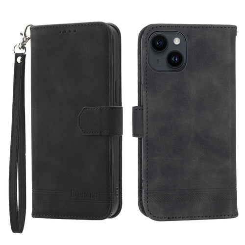 DIERFENG DF-03 Drop-proof Phone Case for iPhone 14, Lines Imprinted Leather Cell Phone Cover with Wallet Stand - Black - 1