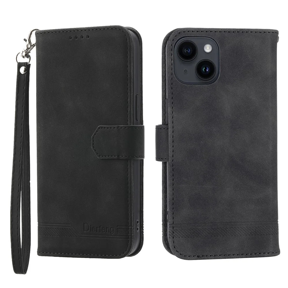 DIERFENG DF-03 Drop-proof Phone Case for iPhone 14, Lines Imprinted Leather Cell Phone Cover with Wallet Stand - Black - 1