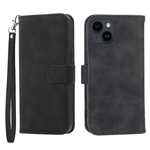 DIERFENG DF-03 Drop-proof Phone Case for iPhone 14, Lines Imprinted Leather Cell Phone Cover with Wallet Stand - Black - 1