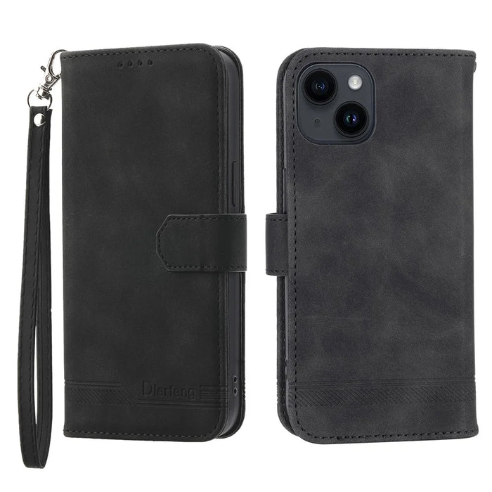 DIERFENG DF-03 Drop-proof Phone Case for iPhone 14, Lines Imprinted Leather Cell Phone Cover with Wallet Stand - Black - 1