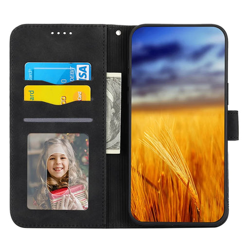 DIERFENG DF-03 Drop-proof Phone Case for iPhone 14, Lines Imprinted Leather Cell Phone Cover with Wallet Stand - Black - 2