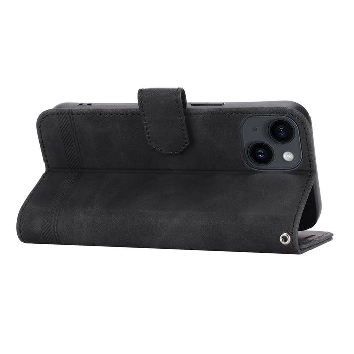 DIERFENG DF-03 Drop-proof Phone Case for iPhone 14, Lines Imprinted Leather Cell Phone Cover with Wallet Stand - Black - 3