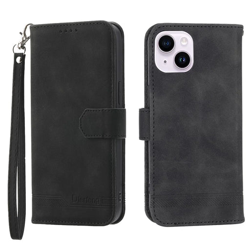 DIERFENG DF-03 for iPhone 14 Plus Full Protection Leather Phone Case Lines Imprinted Wallet Stand Anti-shock Phone Cover - Black - 1