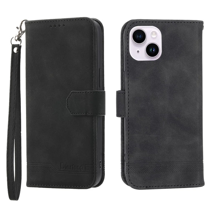 DIERFENG DF-03 for iPhone 14 Plus Full Protection Leather Phone Case Lines Imprinted Wallet Stand Anti-shock Phone Cover - Black - 1
