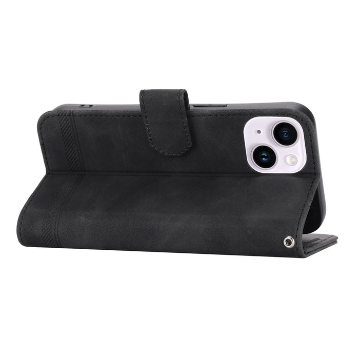 DIERFENG DF-03 for iPhone 14 Plus Full Protection Leather Phone Case Lines Imprinted Wallet Stand Anti-shock Phone Cover - Black - 3