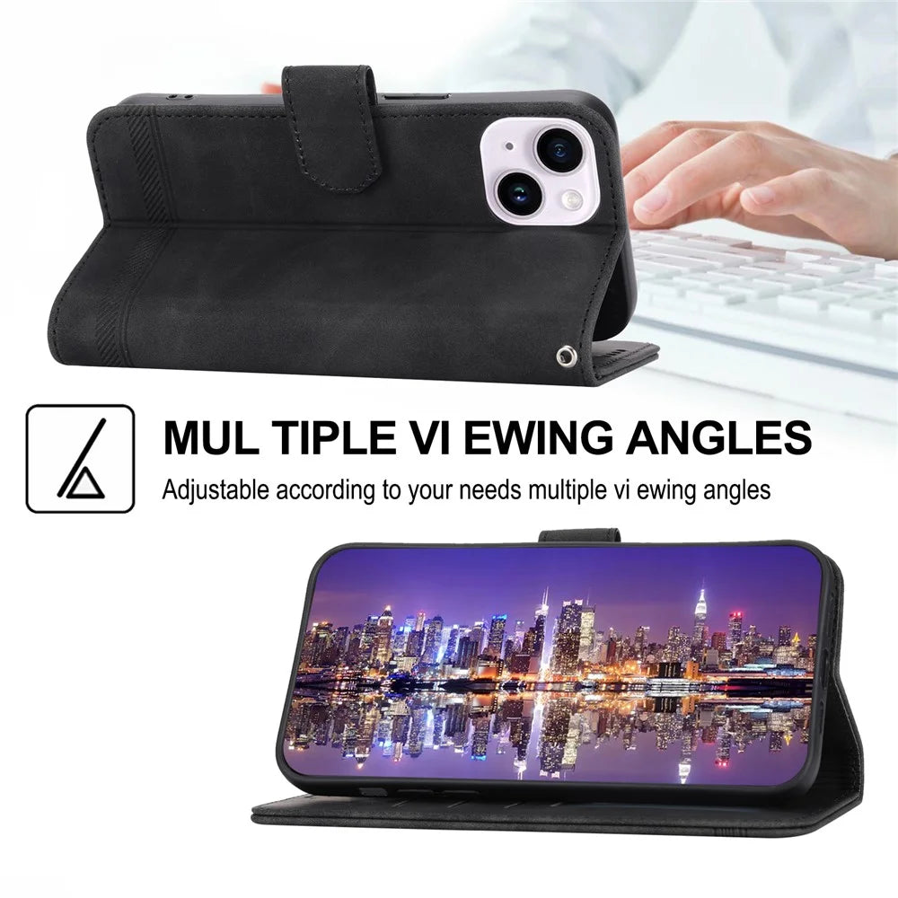 DIERFENG DF-03 for iPhone 14 Plus Full Protection Leather Phone Case Lines Imprinted Wallet Stand Anti-shock Phone Cover - Black - 4