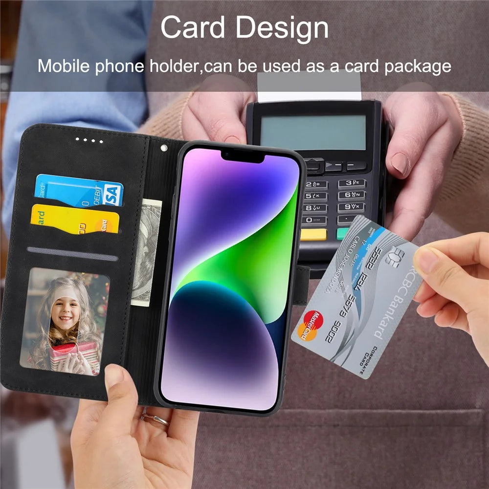DIERFENG DF-03 for iPhone 14 Plus Full Protection Leather Phone Case Lines Imprinted Wallet Stand Anti-shock Phone Cover - Black - 7