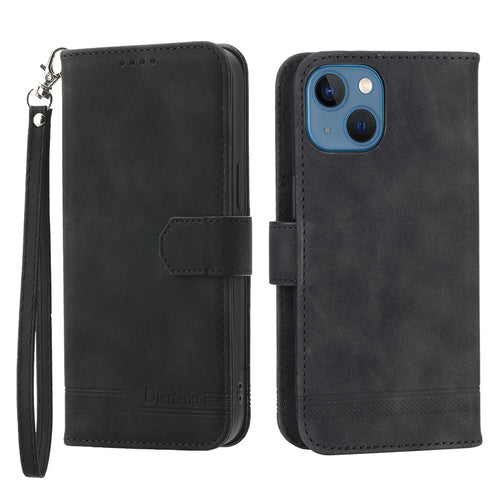 DIERFENG DF-03 Anti-fall Phone Cover for iPhone 13 6.1 inch, Stand Wallet PU Leather Lines Imprinted Anti-scratch Phone Case - Black - 1