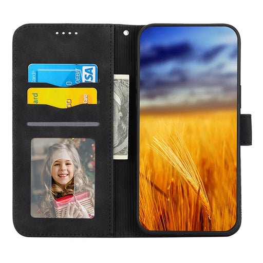DIERFENG DF-03 Anti-fall Phone Cover for iPhone 13 6.1 inch, Stand Wallet PU Leather Lines Imprinted Anti-scratch Phone Case - Black - 2