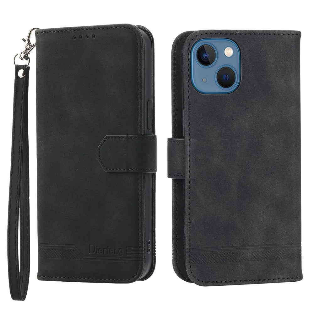 DIERFENG DF-03 Drop-proof Phone Case for iPhone 13 mini 5.4 inch, Stand Wallet PU Leather Lines Imprinted Cell Phone Cover - Black - 1