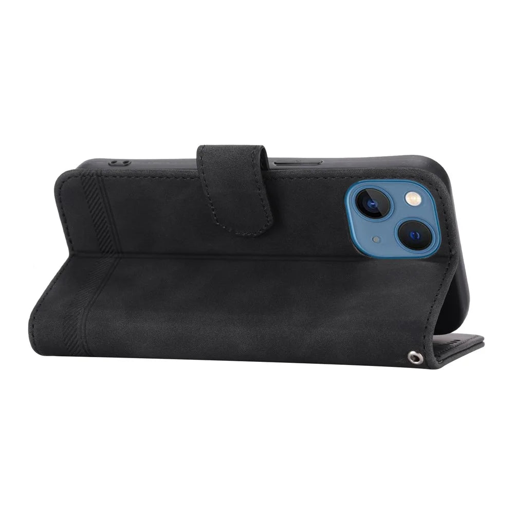 DIERFENG DF-03 Drop-proof Phone Case for iPhone 13 mini 5.4 inch, Stand Wallet PU Leather Lines Imprinted Cell Phone Cover - Black - 3
