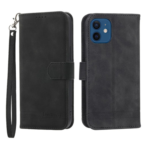 DIERFENG DF-03 Anti-scratch Leather Phone Case Stand Wallet for iPhone 12 / 12 Pro 6.1 inch, Lines Imprinted Anti-drop Phone Cover - Black - 1