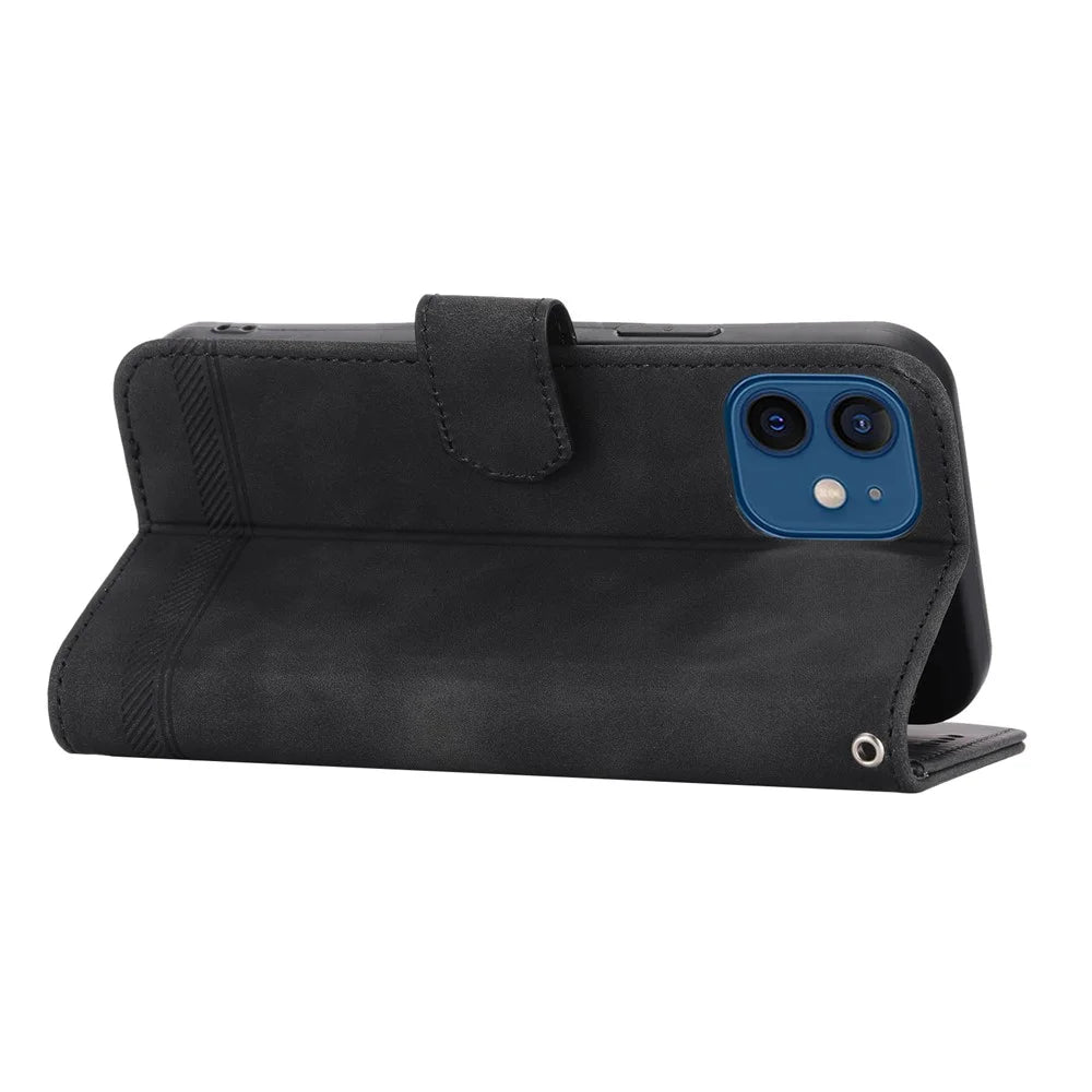 DIERFENG DF-03 Anti-scratch Leather Phone Case Stand Wallet for iPhone 12 / 12 Pro 6.1 inch, Lines Imprinted Anti-drop Phone Cover - Black - 3