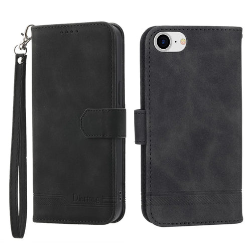 DIERFENG DF-03 Phone Case for iPhone 7 / 8 4.7 inch / SE (2020) / SE (2022), Lines Imprinted Leather Protective Phone Cover Wallet Stand - Black - 1