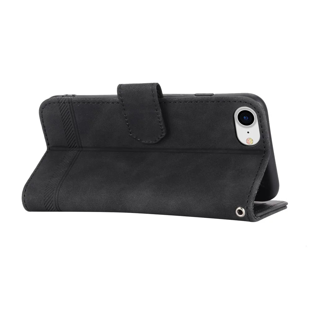 DIERFENG DF-03 Phone Case for iPhone 7 / 8 4.7 inch / SE (2020) / SE (2022), Lines Imprinted Leather Protective Phone Cover Wallet Stand - Black - 3