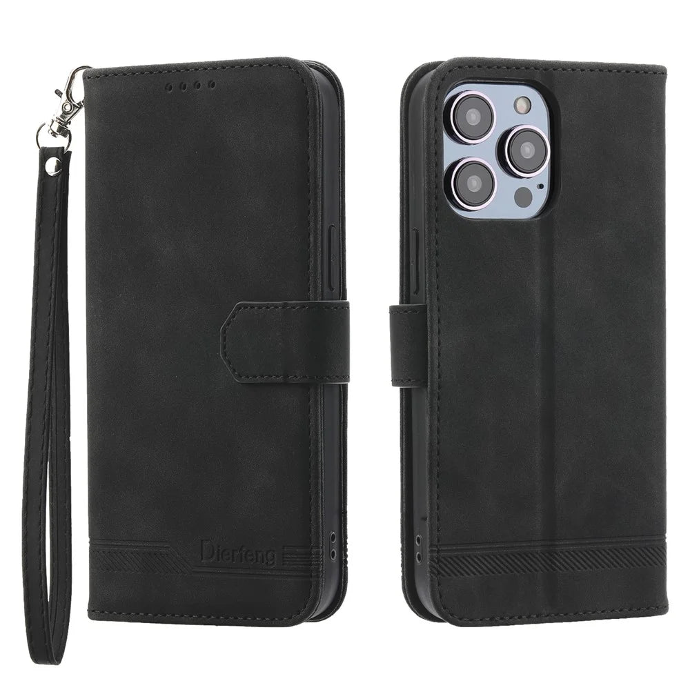 DIERFENG DF-03 Leather Phone Case for iPhone 12 Pro Max 6.7 inch, Lines Imprinted Phone Shell Flip Wallet Cover Stand - Black - 1