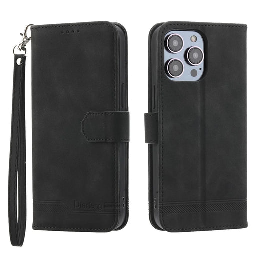 DIERFENG DF-03 Leather Phone Case for iPhone 12 Pro Max 6.7 inch, Lines Imprinted Phone Shell Flip Wallet Cover Stand - Black - 1