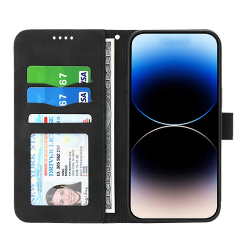 DIERFENG DF-03 Leather Phone Case for iPhone 12 Pro Max 6.7 inch, Lines Imprinted Phone Shell Flip Wallet Cover Stand - Black - 2
