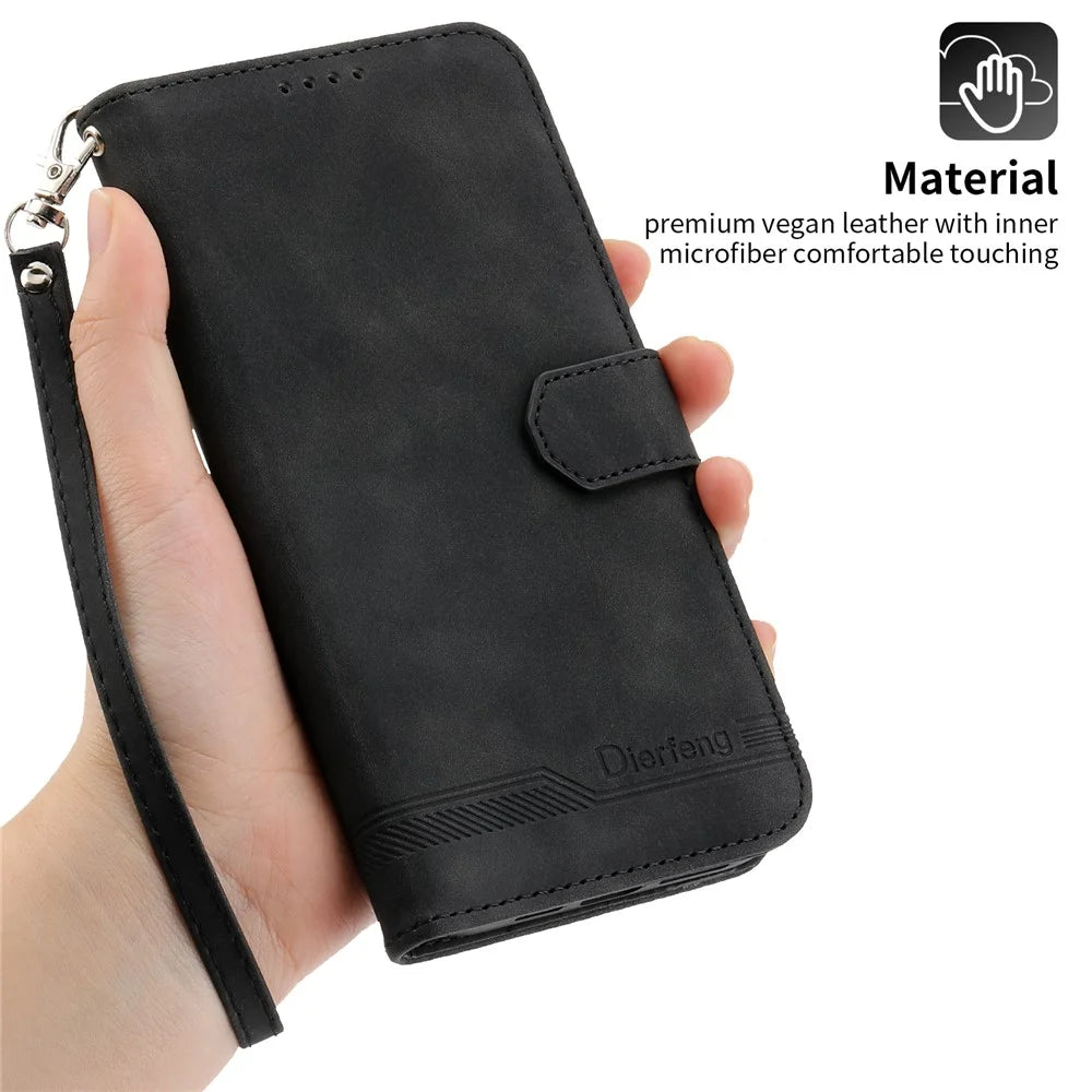 DIERFENG DF-03 Leather Phone Case for iPhone 12 Pro Max 6.7 inch, Lines Imprinted Phone Shell Flip Wallet Cover Stand - Black - 6