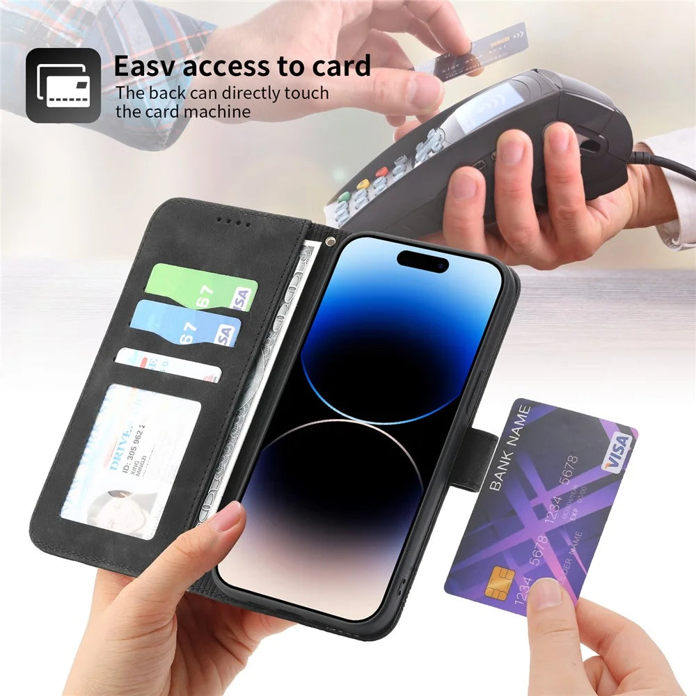 DIERFENG DF-03 Leather Phone Case for iPhone 12 Pro Max 6.7 inch, Lines Imprinted Phone Shell Flip Wallet Cover Stand - Black - 7