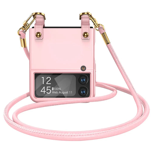 GKK Crossbody Phone Case for Samsung Galaxy Z Flip4 5G, Ultra-thin Leather Coated PC Phone Cover with Shoulder Strap - Pink - 1