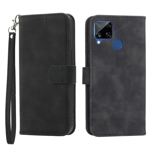 DIERFENG DF-03 Wallet Phone Case for Realme C25 / C15 / C12, Lines Imprinted PU Leather Stand Smartphone Cover - Black - 1