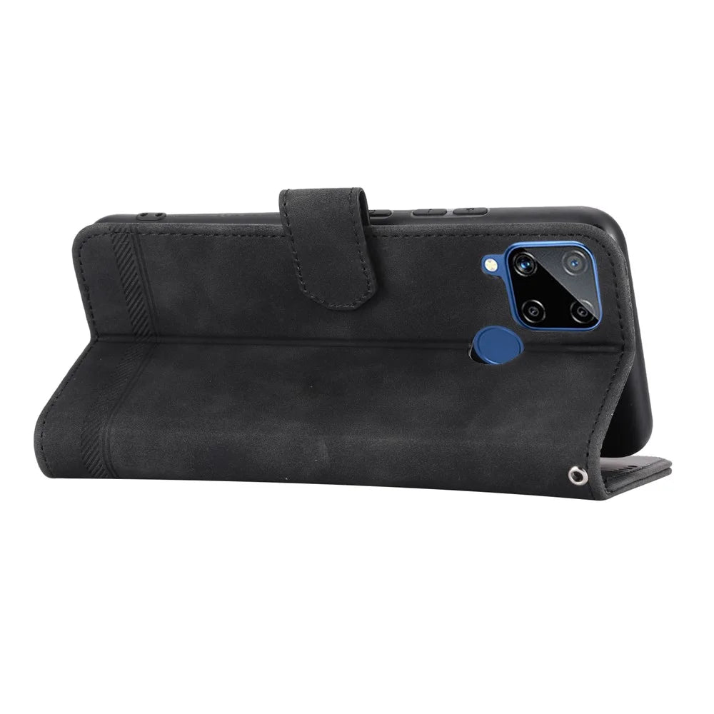 DIERFENG DF-03 Wallet Phone Case for Realme C25 / C15 / C12, Lines Imprinted PU Leather Stand Smartphone Cover - Black - 3