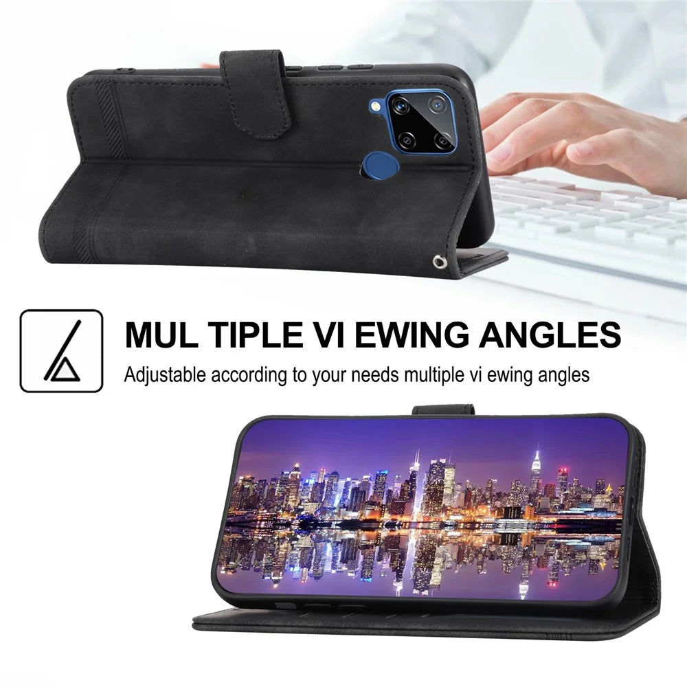 DIERFENG DF-03 Wallet Phone Case for Realme C25 / C15 / C12, Lines Imprinted PU Leather Stand Smartphone Cover - Black - 4