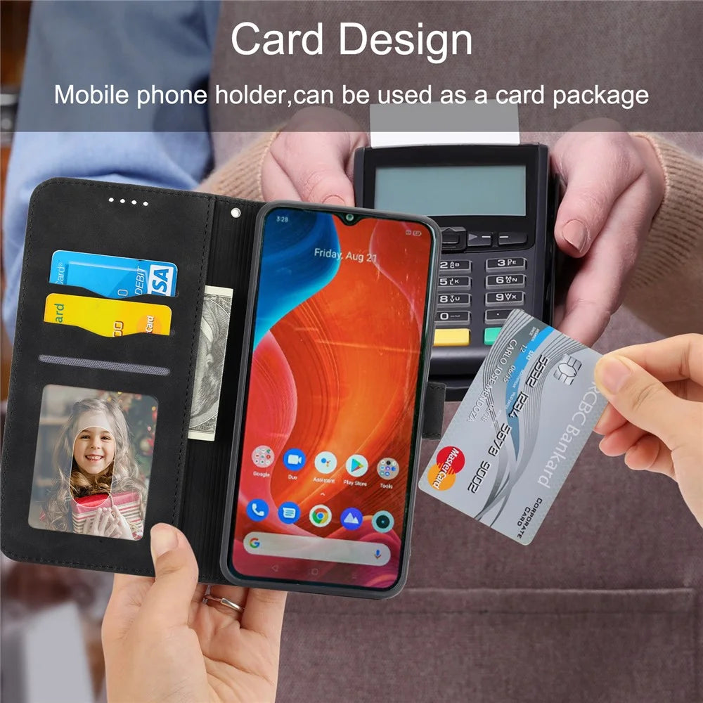 DIERFENG DF-03 Wallet Phone Case for Realme C25 / C15 / C12, Lines Imprinted PU Leather Stand Smartphone Cover - Black - 6