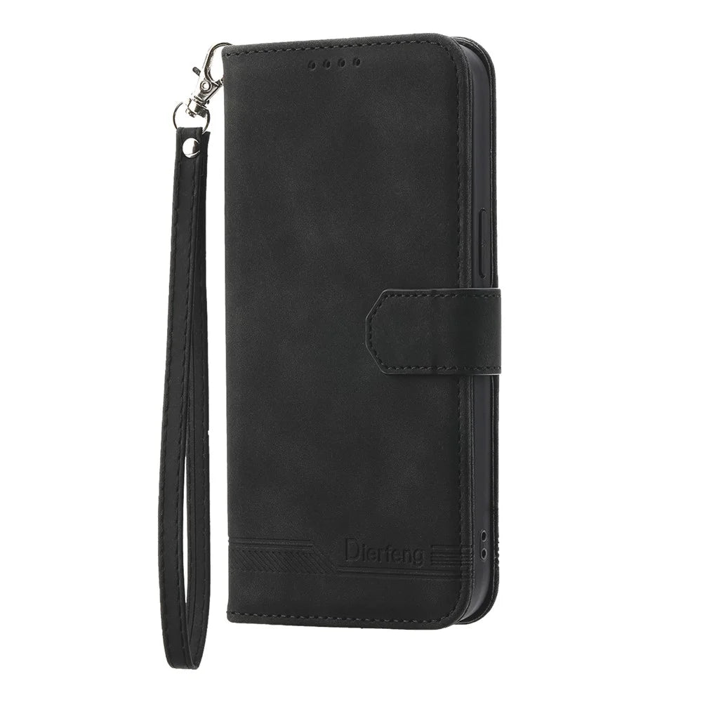 DIERFENG DF-03 Wallet Phone Case for Realme C25 / C15 / C12, Lines Imprinted PU Leather Stand Smartphone Cover - Black - 7