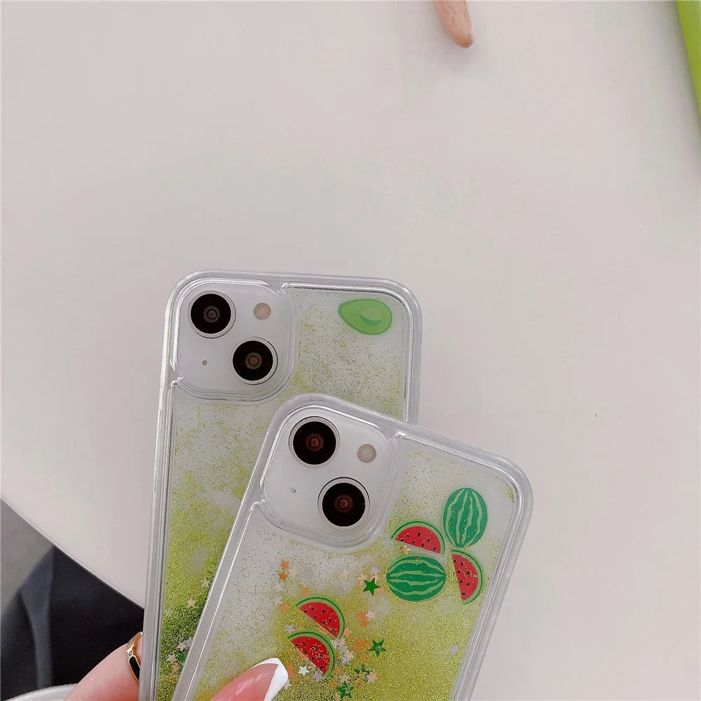 For iPhone 13 / 14 Fruit Liquid Quicksand PC+TPU Case Back Protector Phone Cover - Watermelon - 5