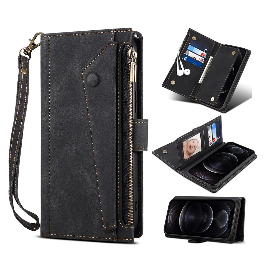 ESEBLE Star Series Leather Wallet Case for Samsung Galaxy A54 5G, Zipper Pocket Phone Stand Cover with Hand Strap - Black - 1