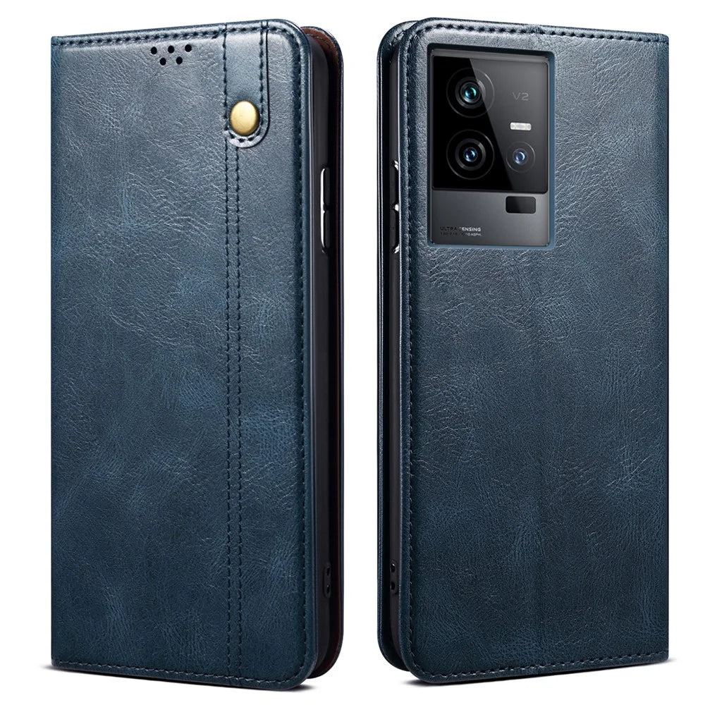 PU Leather Phone Case for vivo iQOO 11 5G, Waxy Crazy Horse Texture Stand Phone Wallet Cover - Blue - 1