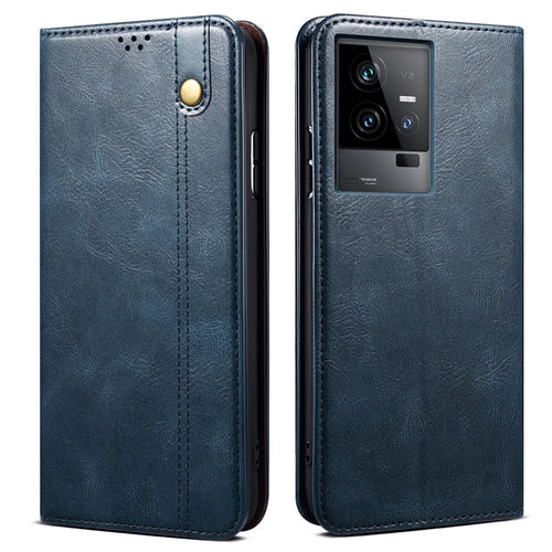PU Leather Phone Case for vivo iQOO 11 5G, Waxy Crazy Horse Texture Stand Phone Wallet Cover - Blue - 1