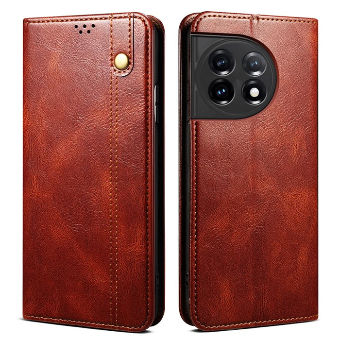 Phone Stand Case for OnePlus 11 5G, PU Leather Waxy Crazy Horse Texture Stand Smartphone Cover - Brown - 1