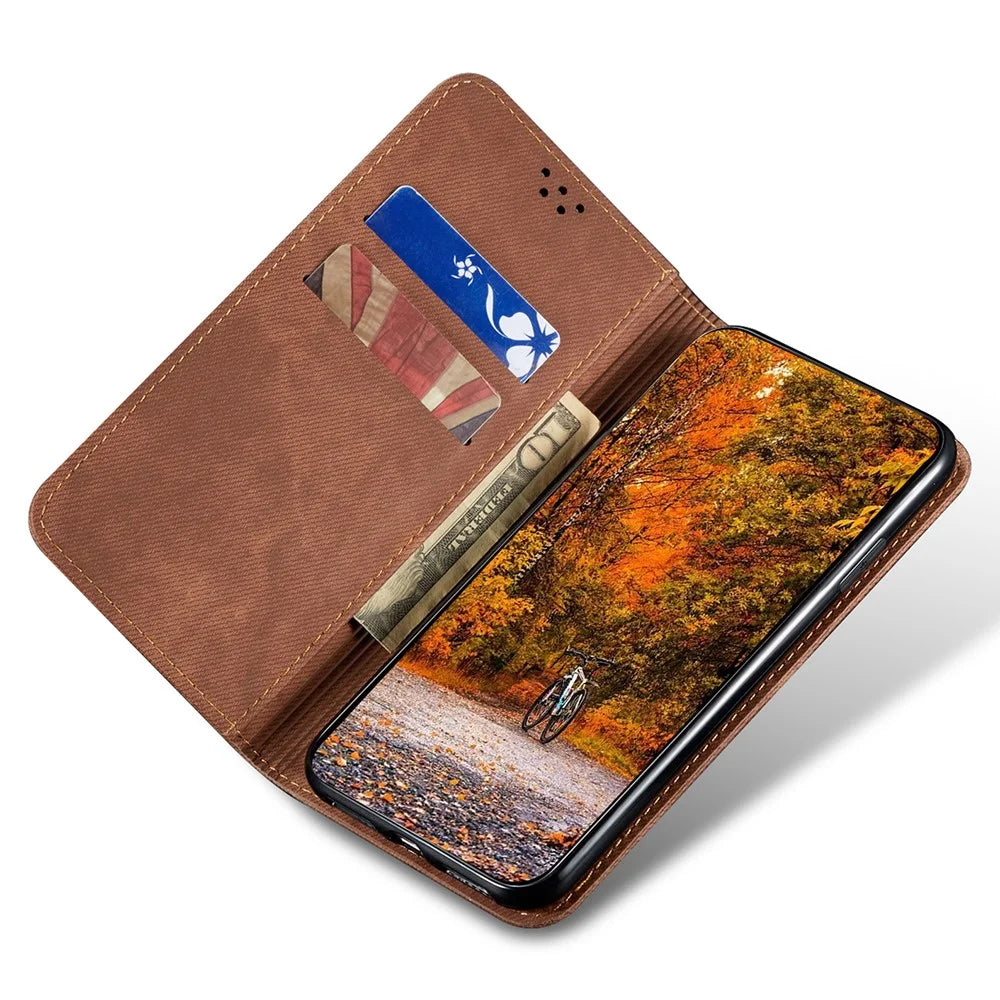 Cell Phone Case for Samsung Galaxy A54 5G, Jeans Cloth Texture Stand PU Leather Phone Wallet Cover - Coffee - 2
