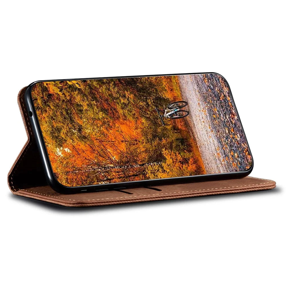 Cell Phone Case for Samsung Galaxy A54 5G, Jeans Cloth Texture Stand PU Leather Phone Wallet Cover - Coffee - 3