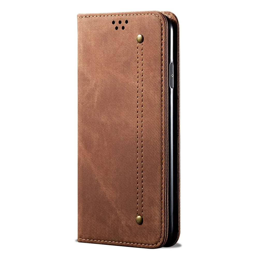 Cell Phone Case for Samsung Galaxy A54 5G, Jeans Cloth Texture Stand PU Leather Phone Wallet Cover - Coffee - 6