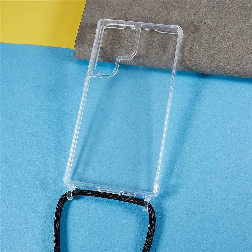 For Samsung Galaxy S23 Ultra TPU+Acrylic Phone Drop-proof Cover Clear Anti-scratch Case with Long Lanyard - Black - 2