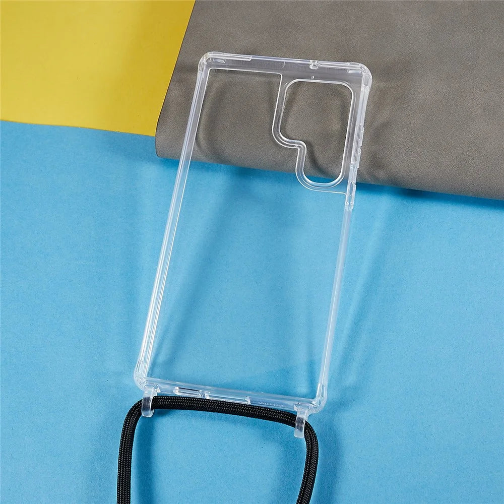 For Samsung Galaxy S23 Ultra TPU+Acrylic Phone Drop-proof Cover Clear Anti-scratch Case with Long Lanyard - Black - 4