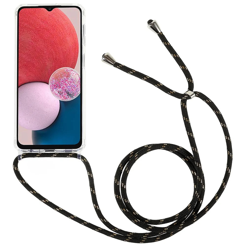 Phone Protector Case for Samsung Galaxy A13 4G / 5G, Clear TPU+Acrylic Back Cover with Lanyard - Black  /  Gold - 2