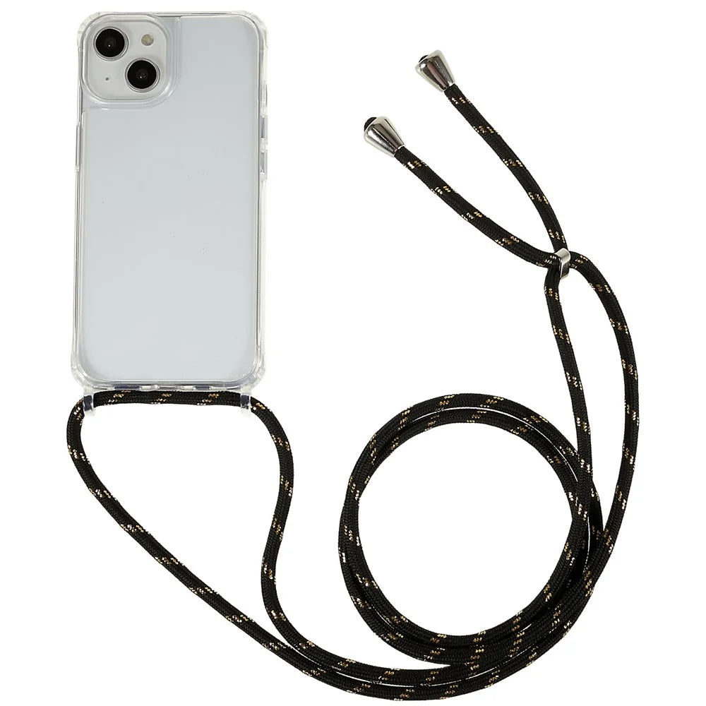 Clear Back Case for iPhone 13 / 14, TPU+Acrylic Shock-absorbing Phone Cover with Lanyard - Black  /  Gold - 1