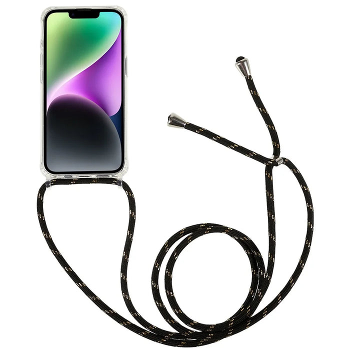 Clear Back Case for iPhone 13 / 14, TPU+Acrylic Shock-absorbing Phone Cover with Lanyard - Black  /  Gold - 2
