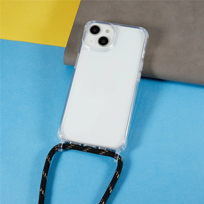 Clear Back Case for iPhone 13 / 14, TPU+Acrylic Shock-absorbing Phone Cover with Lanyard - Black  /  Gold - 4