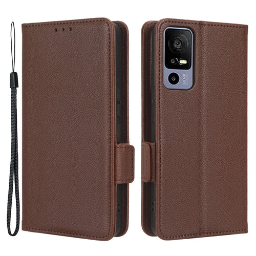 Leather Smartphone Case for TCL 40R 5G, Dual Magnetic Clasp Litchi Texture Flip Wallet Stand Scratch-resistant Phone Cover - Brown - 1
