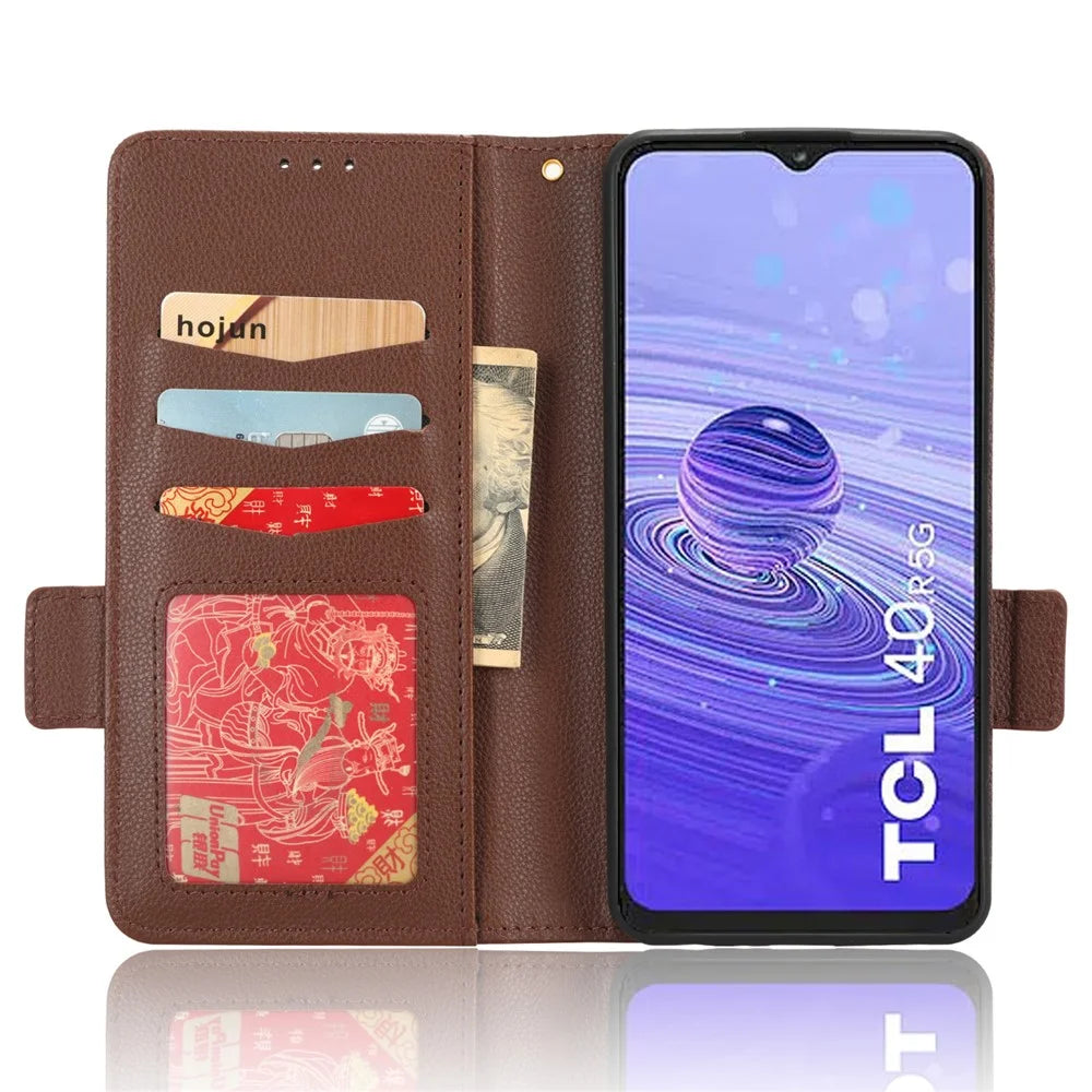 Leather Smartphone Case for TCL 40R 5G, Dual Magnetic Clasp Litchi Texture Flip Wallet Stand Scratch-resistant Phone Cover - Brown - 2